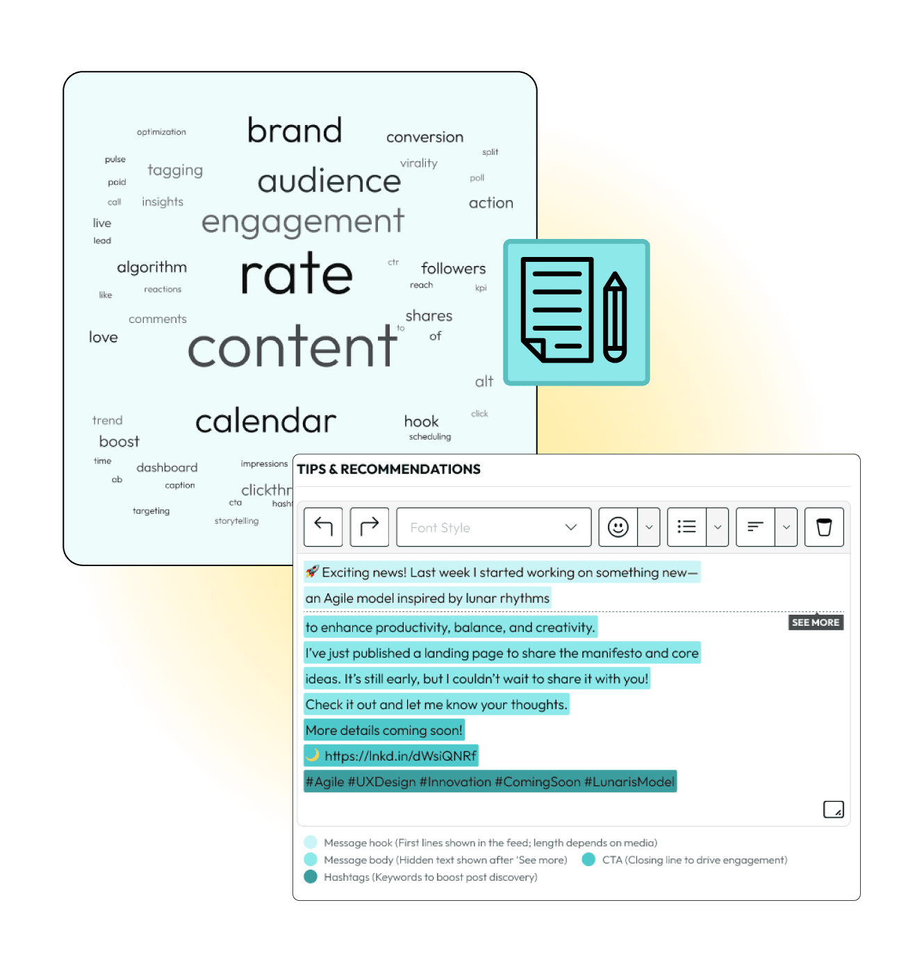 Copy Improvements Find relevant keywords and optimize text for better reach.